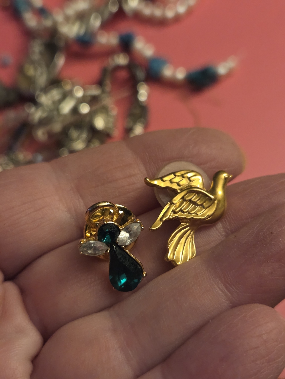 VINTAGE Gold Dove and Gold & Emerald Angel PINBACKS